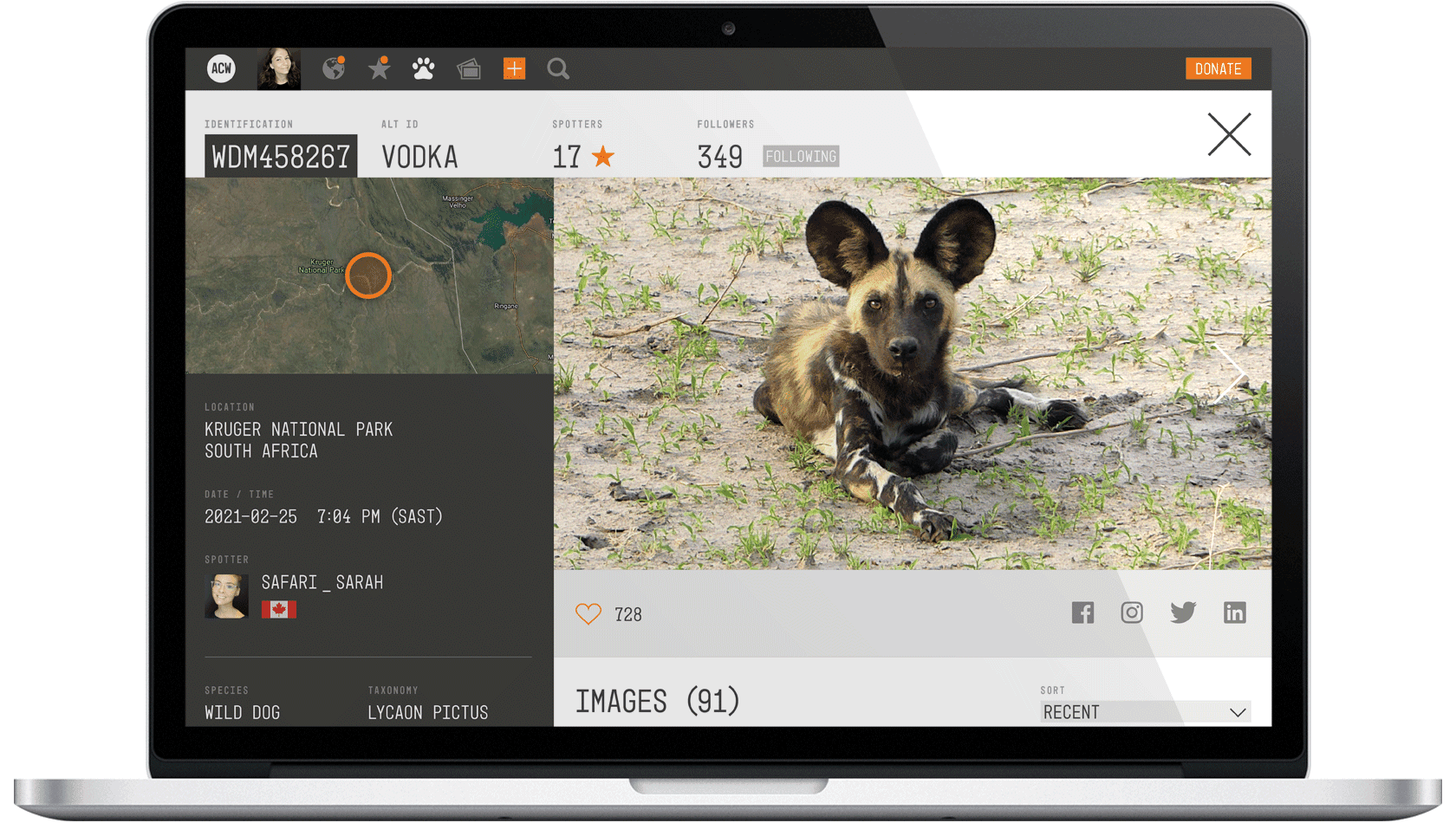 Product screenshot of animal profile on desktop.